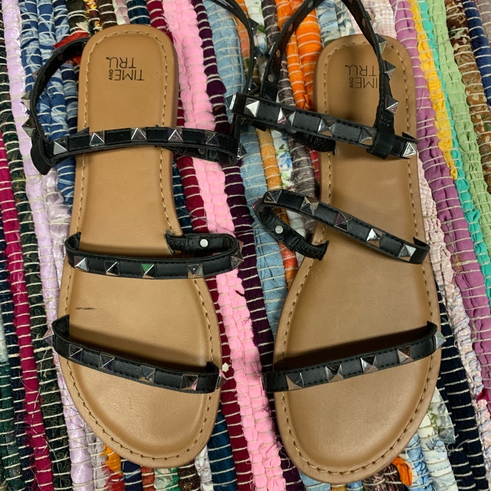 Time and Tru Black Studded Sandals with Ankle Strap